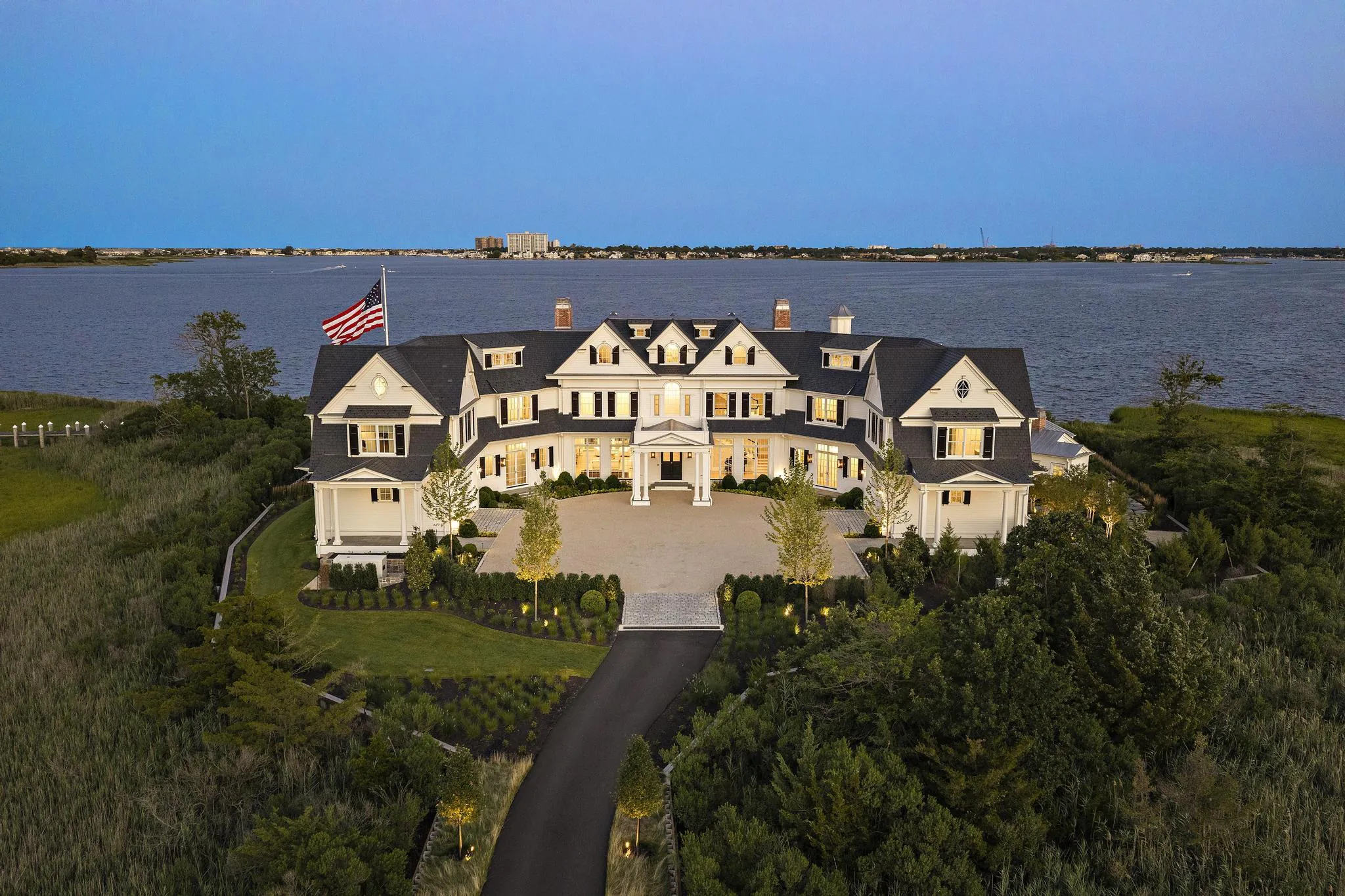 Aerial flag at American Dream, a Merrick Construction custom home in Rumson, New Jersey