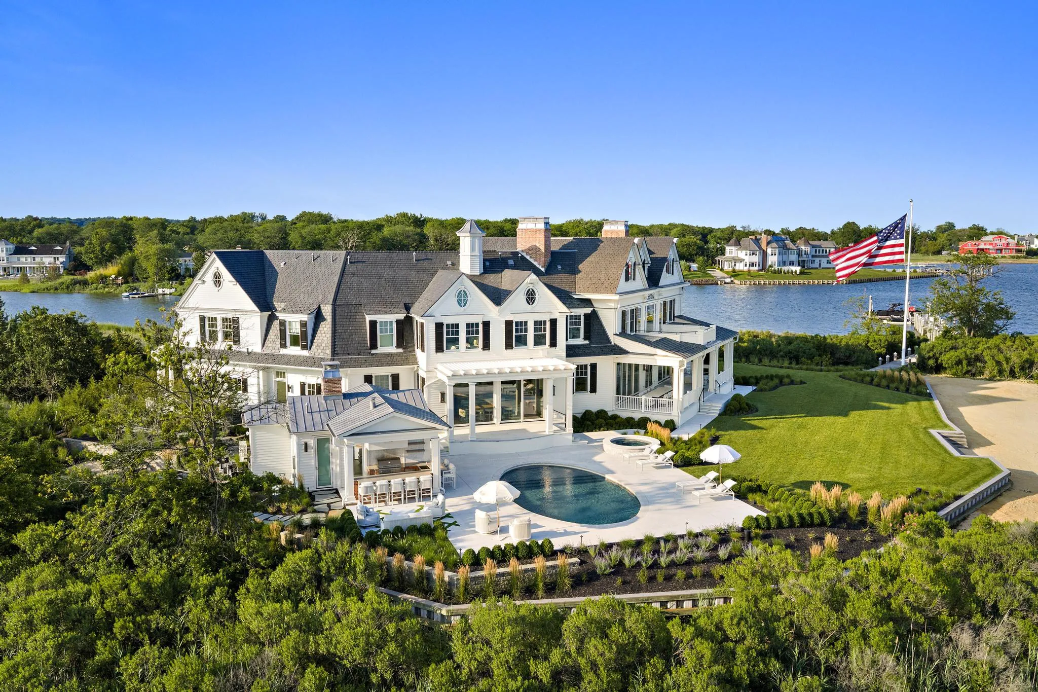 Aerial pool at American Dream, a Merrick Construction custom home in Rumson, New Jersey