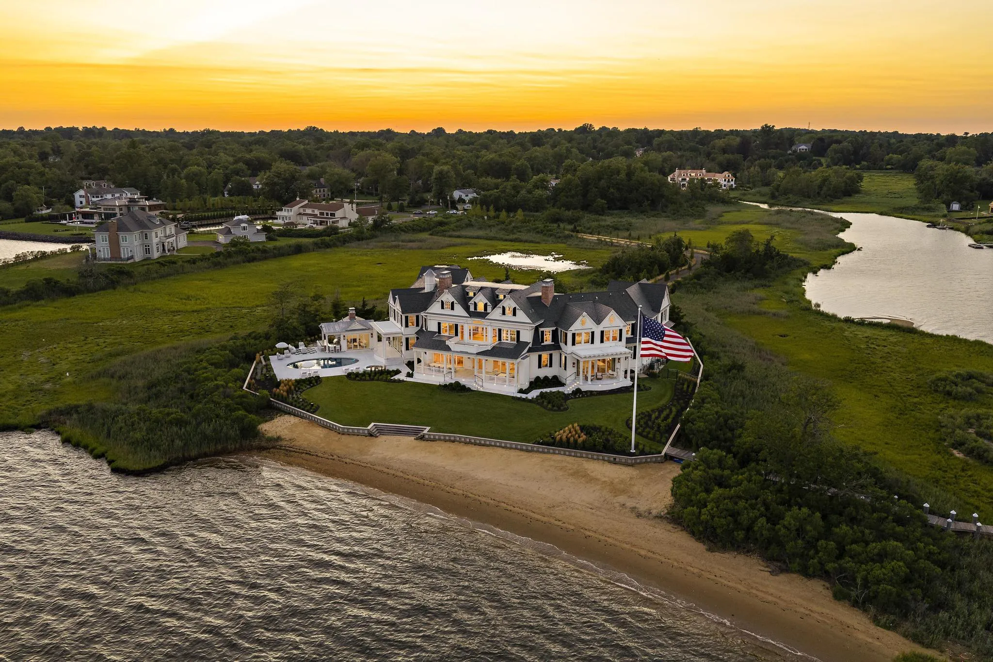 Aerial water at American Dream, a Merrick Construction custom home in Rumson, New Jersey