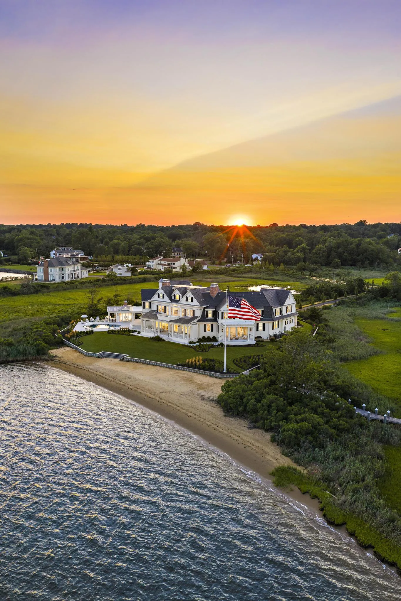 Sunset at American Dream, a Merrick Construction custom home in Rumson, New Jersey